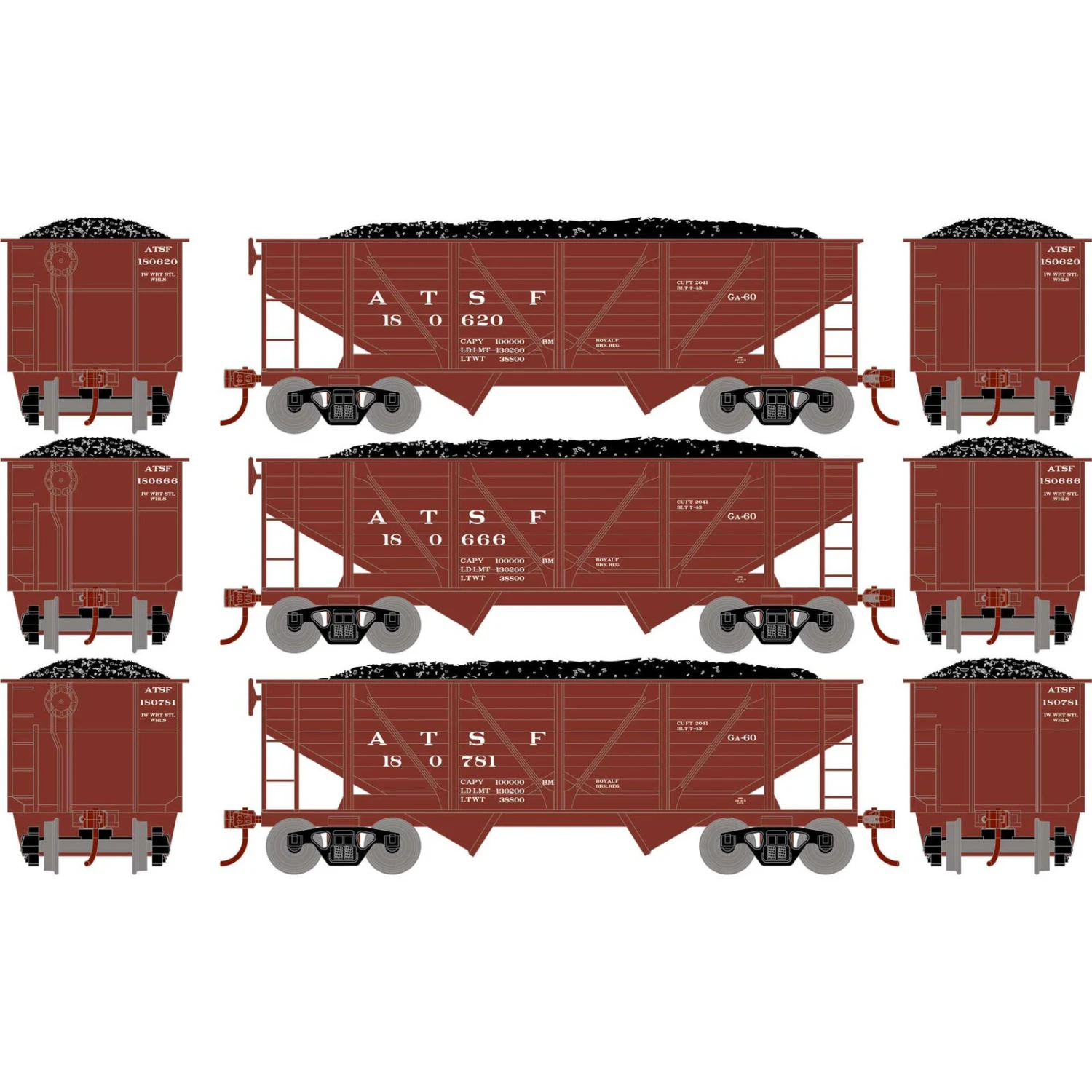 Athearn HO 34' 2-Bay Composite Coal Hopper With Load, ATSF(3) 1 Athearn HO 34' 2-Bay Composite Coal Hopper With Load, ATSF(3)